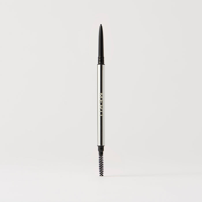Master || A gel eyebrow pencil with a fine point tip and a spoolie brush at the other end, the packaging is predominantly silver in color.