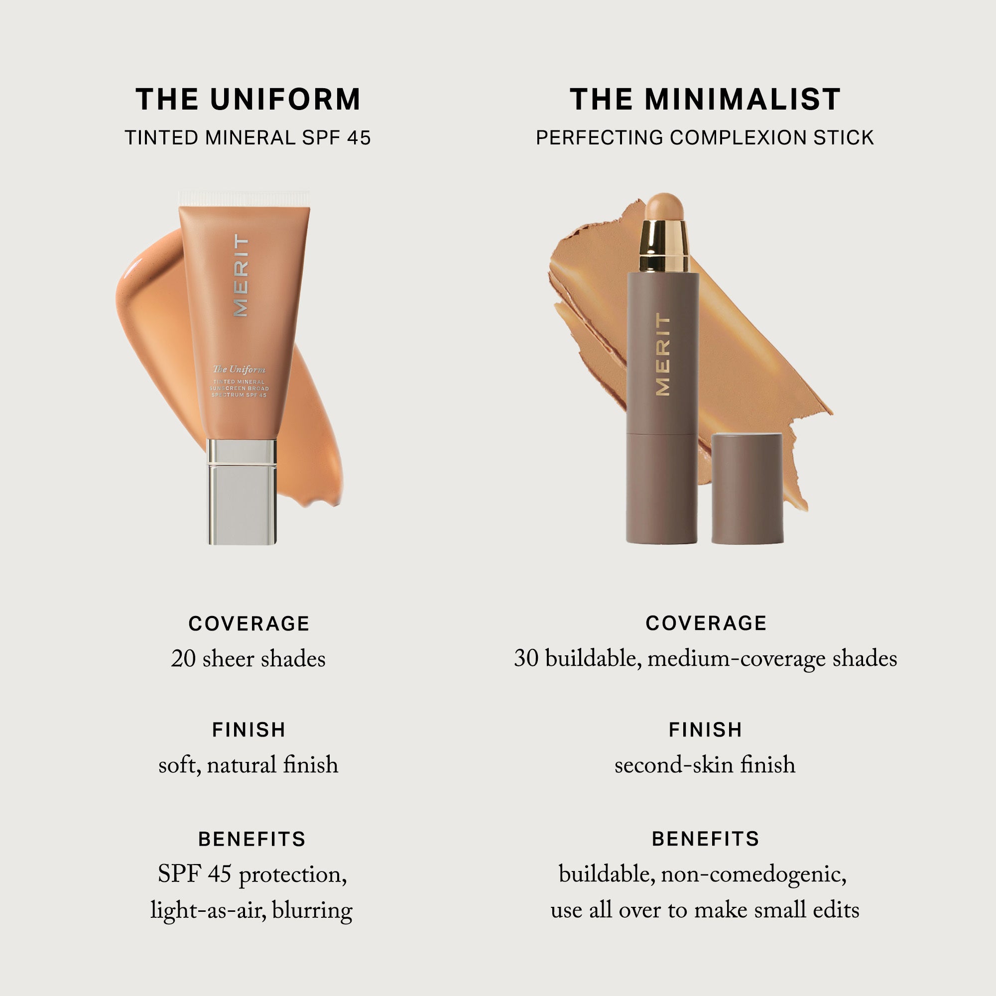 Master || The Uniform vs The Minimalist. The Uniform tinted mineral SPF 45. Coverage 20 sheer shades, Finish soft, natural finish, Benefits SPF 45 protection, light-as-air, blurring. The Minimalist perfecting complexion stick. Coverage 30 buildable, medium-coverage shades. Finish second-skin finish. Benefits buildable, non-comedogenic, use all over to make small edits.