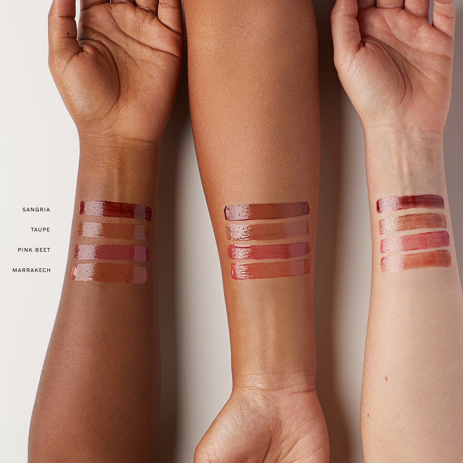 Pink Beet | | Swatches of Shades Sangria, Taupe,  Pink Beet, Marrakech on arms