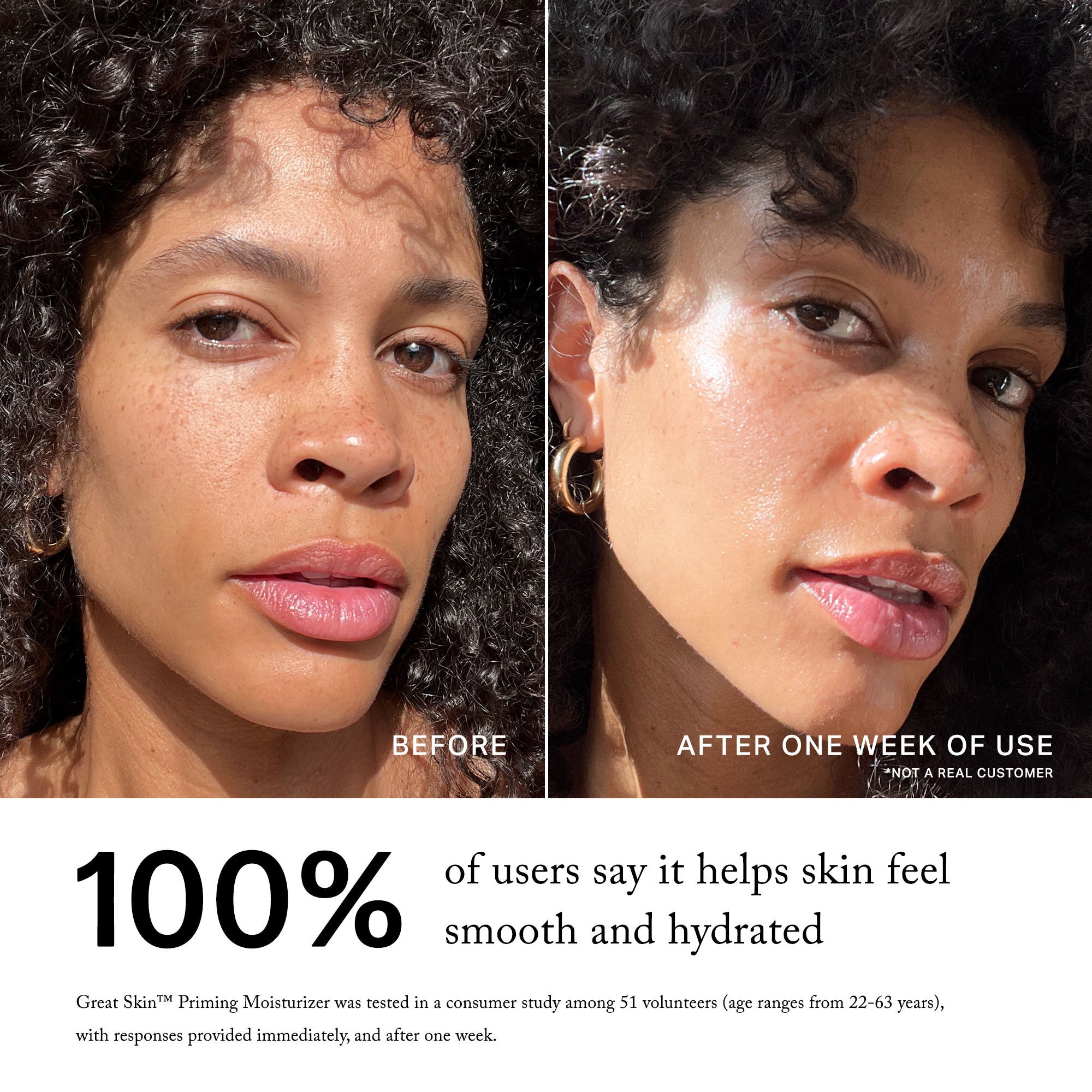 Master || Before, After one week, 100% of users say it helps skin feel smooth and hydrated, Great Skin Moisturizer was tested in a consumer study among 51 volunteers (age ranges from 22-63 years), with responses provided immediately, after eight hours of wear, and after one week