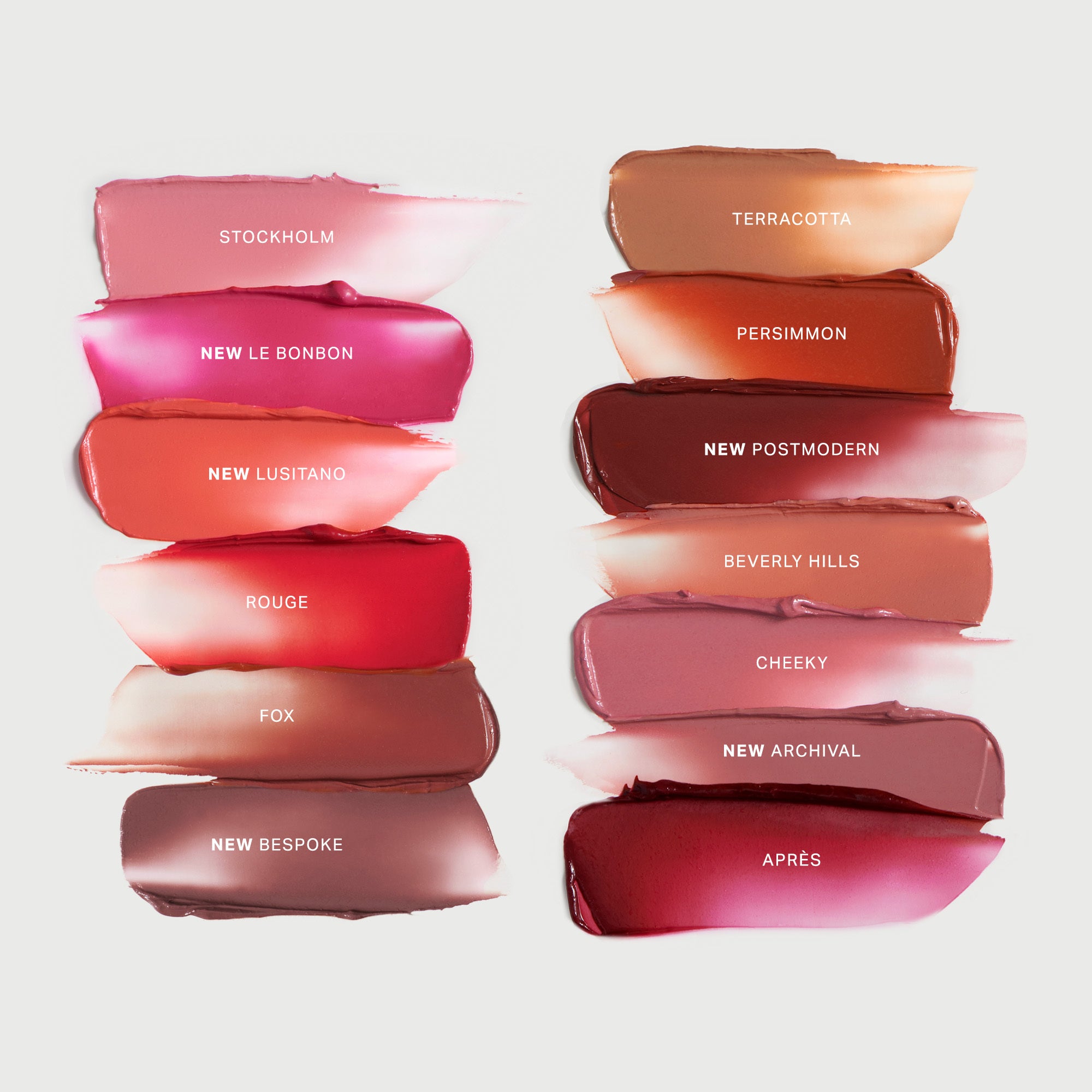 Beverly Hills | | Swatches of flush balm on a white background in Shades Stockholm, Le Bonbon, Lusitano, Rouge, Fox, Bespoke, Terracotta, Persimmon, Postmodern, Beverly Hills, Cheeky, Archival, Apres