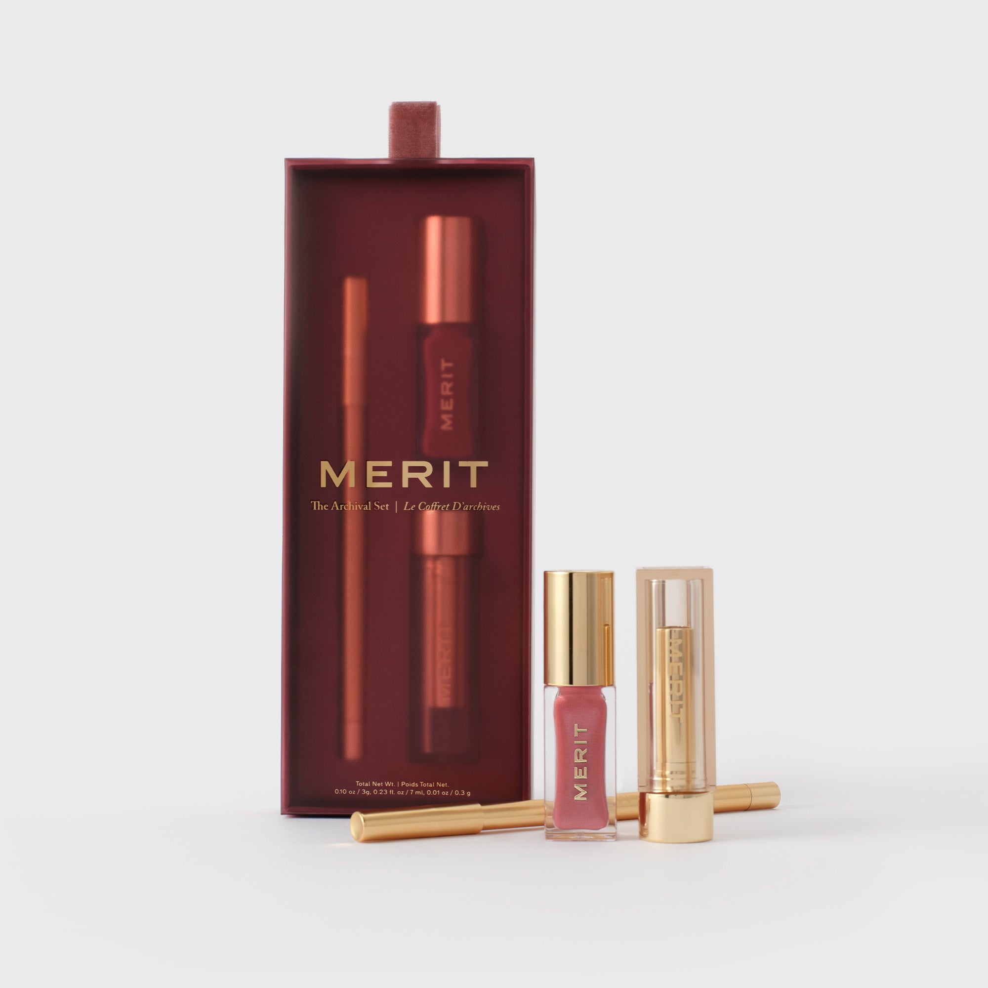 Master || Merit lip product set with shade slick, signature lip liner and a lip blush all in limited edition Archival color in box and out of box