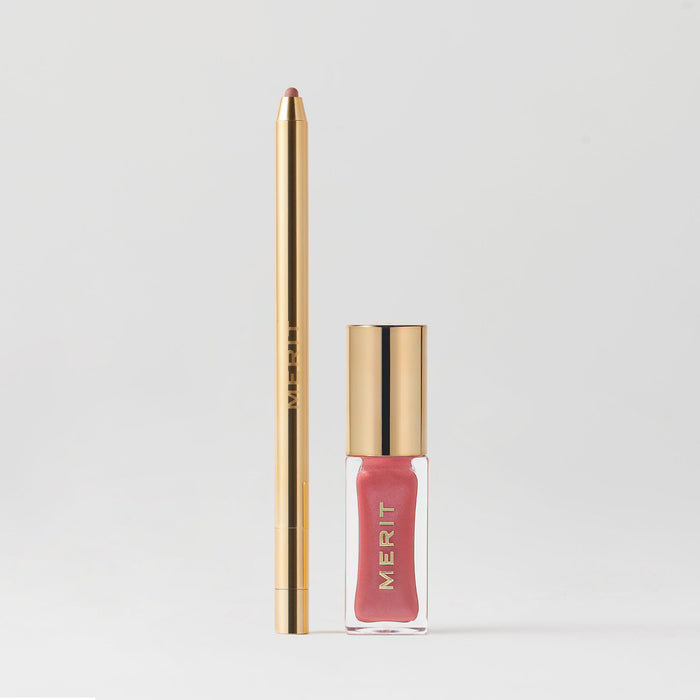 A product image featuring a gold-colored lip liner on the left and a pink shade slick on the right, both labeled with 'MERIT'.