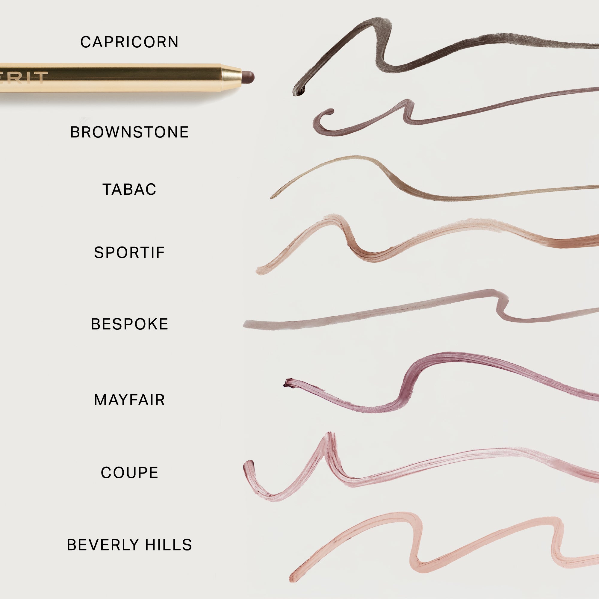 Swatches on a white background with a lip liner in capricorn reading capricorn, brownstone, tabac, sportif, bespoke, mayfair, coupe, beverly hills 
