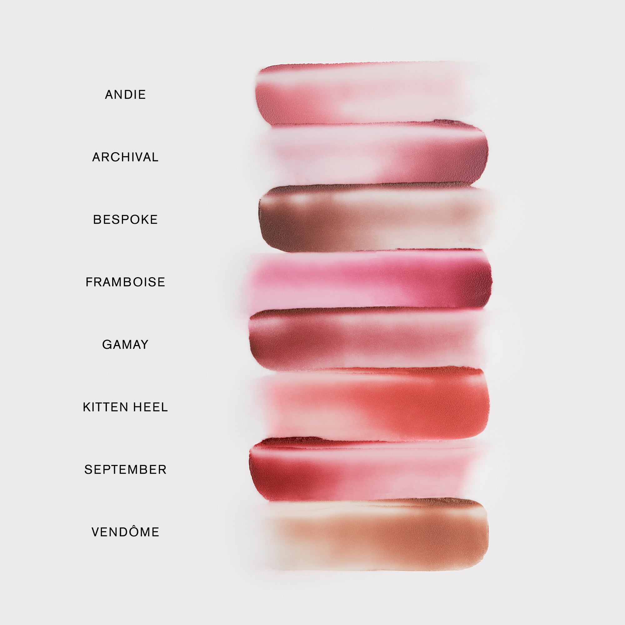 Master || Swatches of Signature Lip Blush with shade names next to them on a white background.