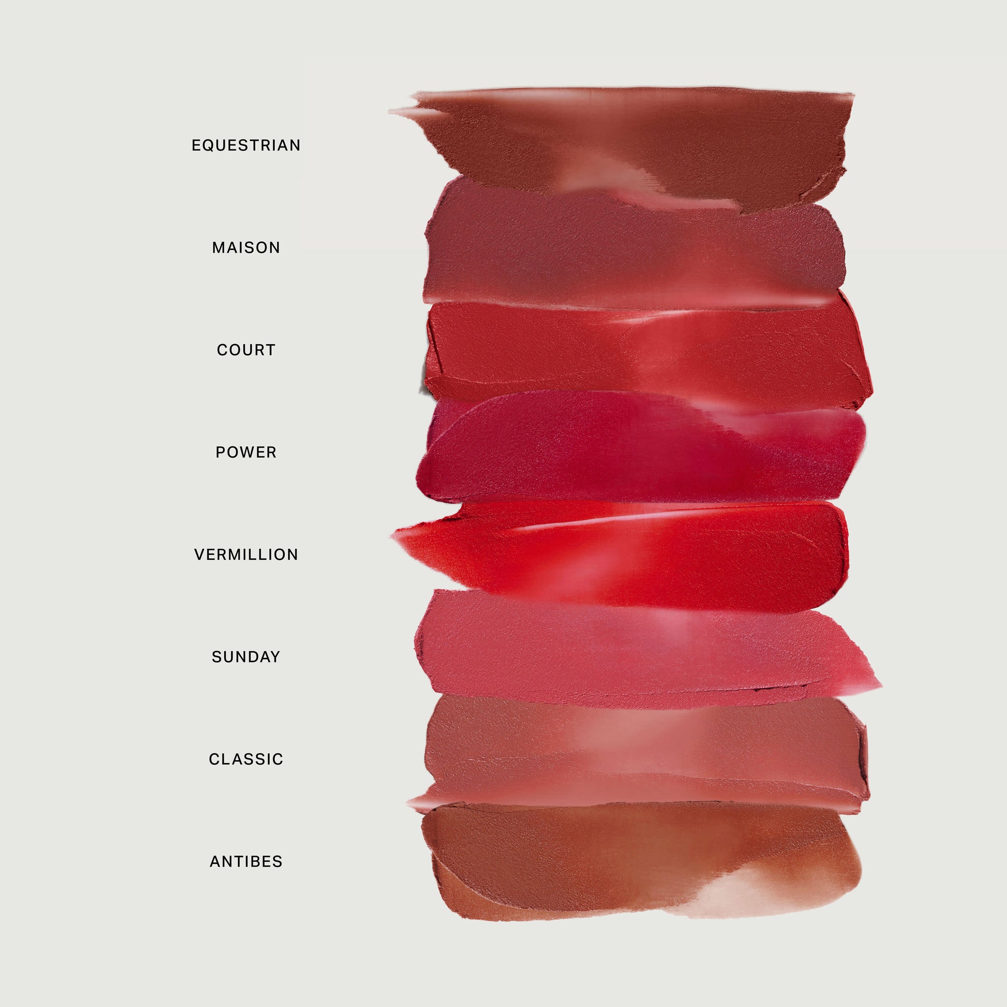 Maison | | Swatches of Shades Equestrian, Maison, Court, Power, Vermillion, Sunday, Classic, Antibes on a white background