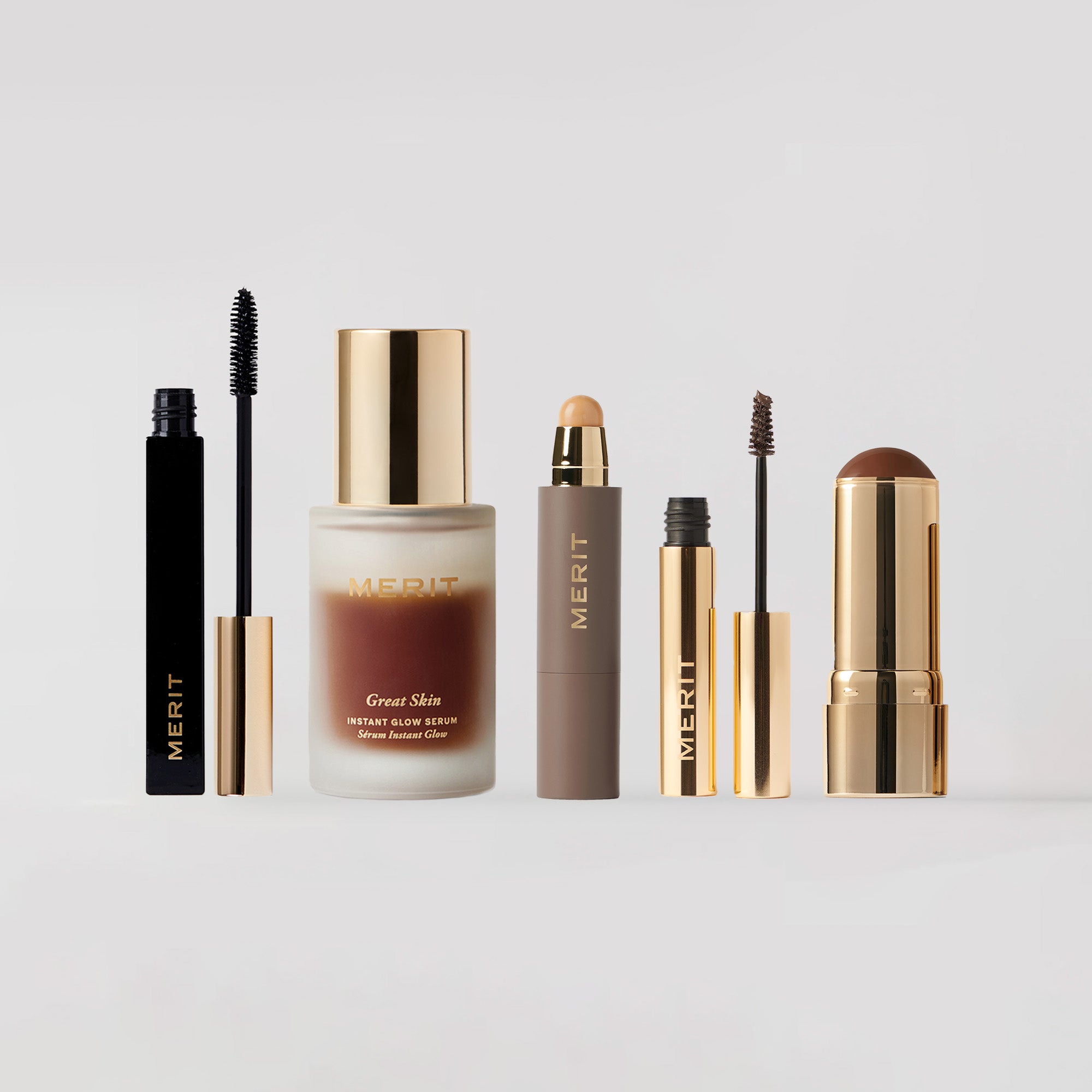 Master || A collection of products including clean lash, great skin serum, the minimalist, brow 1980, and bronze balm displayed on a white background.