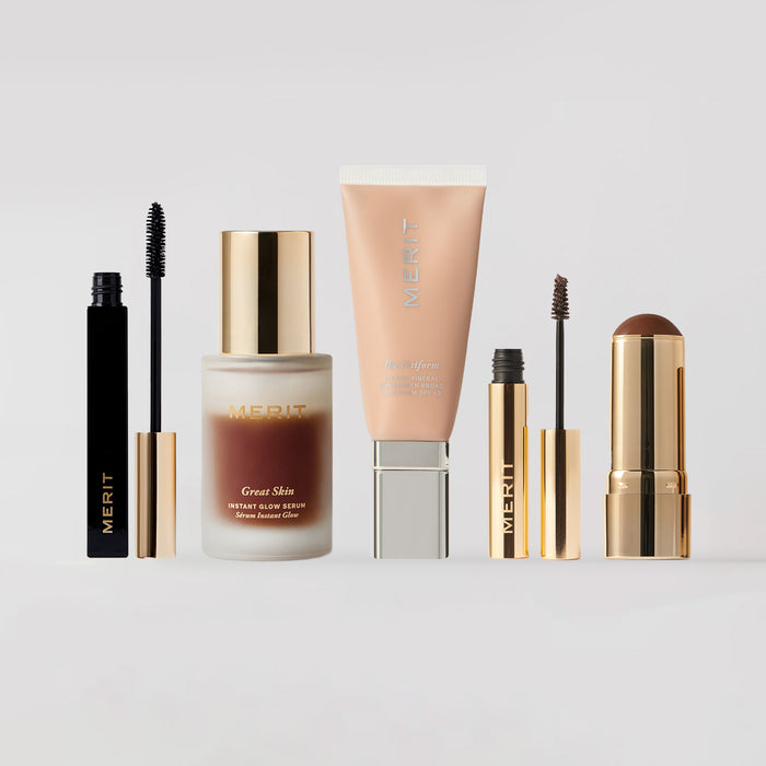 Master || A collection of products including clean lash, great skin serum, the uniform, brow 1980, and bronze balm displayed on a white background.