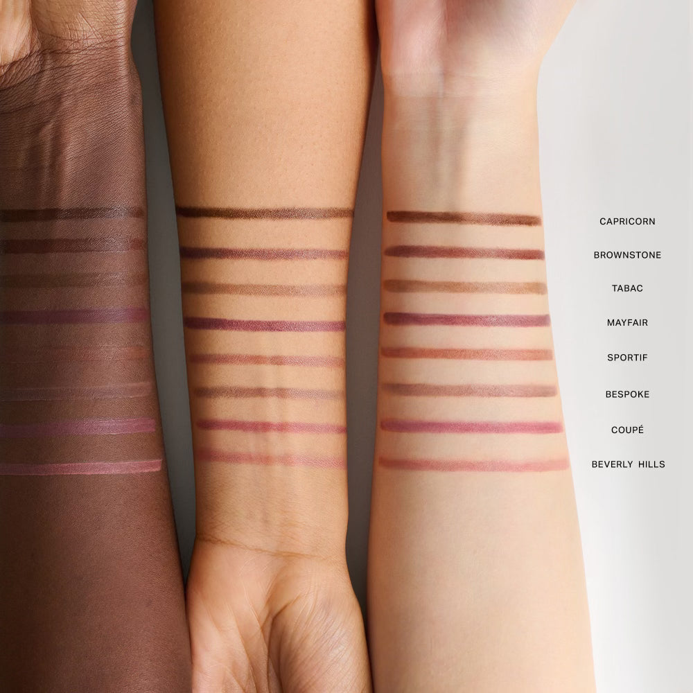 Master || Arm swatches on three different skin tones capricorn, brownstone, tabac, mayfair, sportif, bespoke, coupe, beverly hills