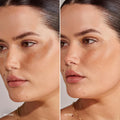 Master ||   Image of Clay Bronze Balm on Model before and after product is blended in.