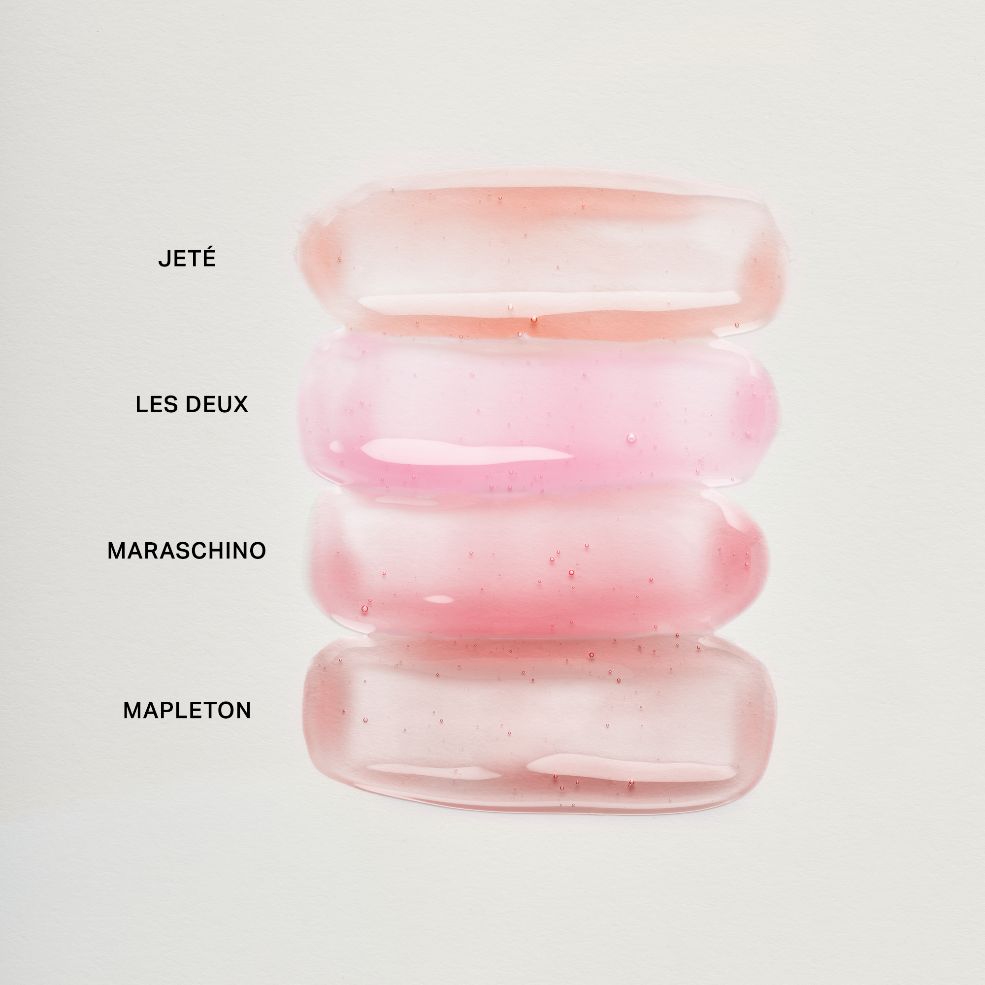 Les Deux | | Swatches of Shades Jeté, Les Deux, Maraschino, Mapleton on a white background
