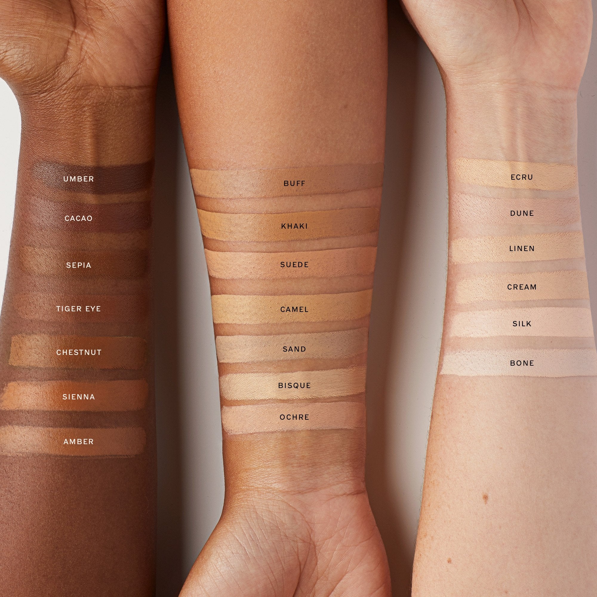 Master || Swatches of The Minimalist on 4 different skin tones arms Dark Shades: Bistre, Umber, Cacao, Taurillon, Sepia, Tiger Eye, Chestnut, Sienna, Amber; Medium Shades: Buff, Khaki, Suede, Camel, Sand, Bisque, Ochre; Light Shades: Ecru, Dune, Linen, Cream, Silk, Bone